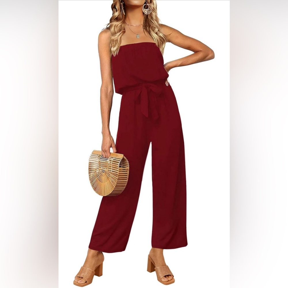 Strapless wide leg jumpsuit (Deep Red)